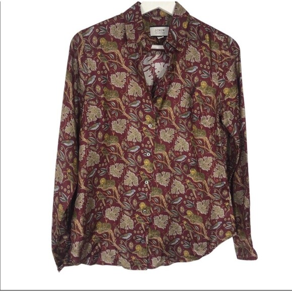 J.Crew Collection Blouse Womens 0 Jungle Cat Print Silk Twill Shirt Maroon AS266 - Picture 12 of 12